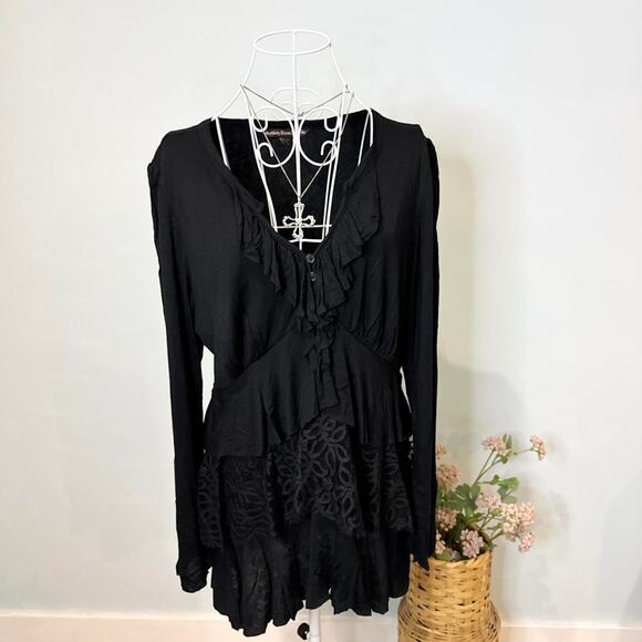Insane vintage y2k black ruffle long bell sleeve tight flowy lace top - Picture 1 of 6
